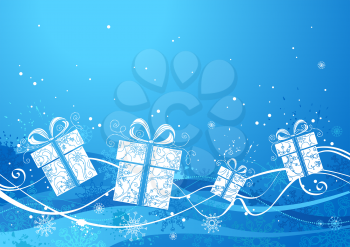 Festive background with gifts, snowflakes and ornate elements. There is copy space for text on blue area. 