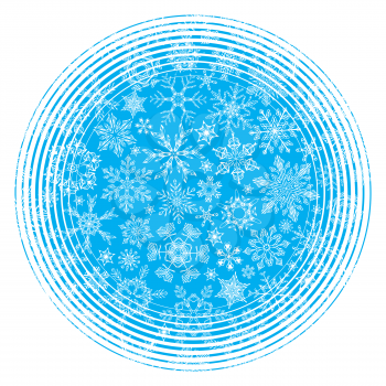 Hand-drawn vintage snowflakes in the circle on blue background. 