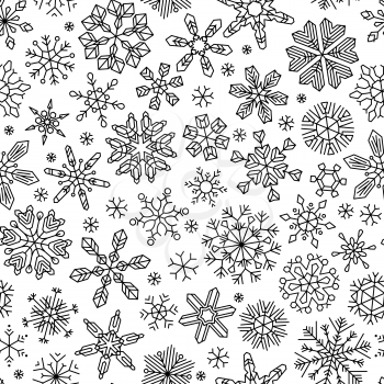 Black vintage outlined snowflakes on white background. Boundless texture can be used for web page backgrounds, wallpapers, wrapping papers, invitation, congratulations and festive designs. 
