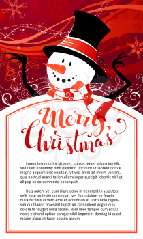 Cute snowman on red background. Hand-written Merry Christmas. There is copy space for your text in the center of frame. 