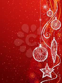 Vector background with snowflakes, Christmas balls and decorations on grunge ornate background. There is copy space for your text. 