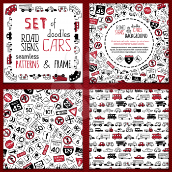 Set of two seamless patterns, background and frame of cars on white background. Black, red and white colours.