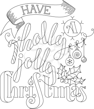 Linear hand-written lettering, candy cane, Christmas baubles, ribbon and holly berry on white background. Black and white illustration.