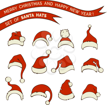 Various doodles Santa hats isolated on white background.