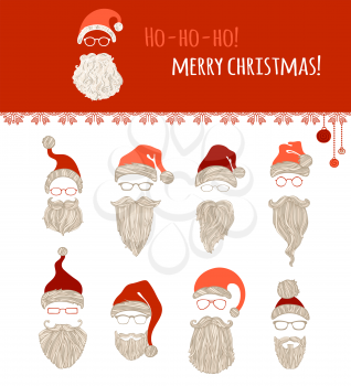 Set of various Santa hats, moustache, beards and eyeglasses isolated on white background.