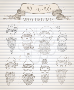 Vector set of vintage Santa hats and beards. Doodles Christmas design elements on retro background.