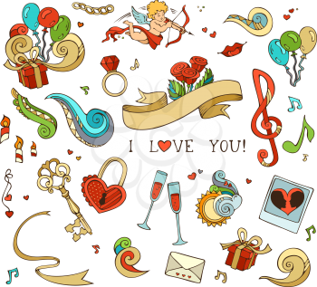 Cupid, balloons, music notes, clouds, rainbow, sun, key and lock, chain, kiss,  letter, ribbon, ring, glass of wine, roses, candles, swirls.