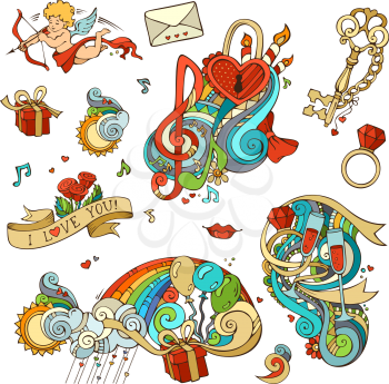 Cupid, balloons, music notes, clouds, rainbow, sun, key and lock, chain, kiss,  letter, ribbon, ring, glass of wine, swirls.