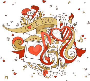 Gold and red. Music notes, hearts, lock, letter, ribbon, ring, roses, candles, swirls, photo with man and woman silhouettes.