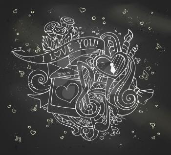 Vector linear design. Music notes, hearts, lock, letter, ribbon, ring, roses, candles, swirls, photo with man and woman silhouettes.