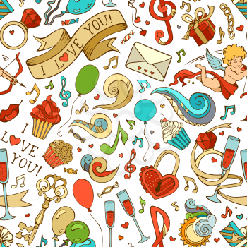 Cupid, ring, muffins, swirls, ribbons, music notes and others symbols. Can be used for web page backgrounds, wallpapers, wrapping papers and invitations.
