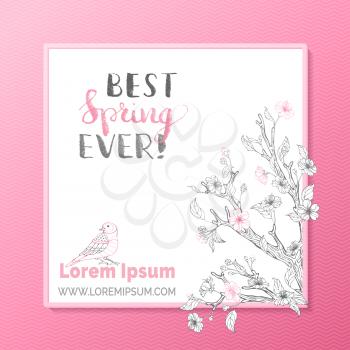 Spring blossoms on branches. Hand-written brush lettering. Pink and grey card template. You can place your text in the center.