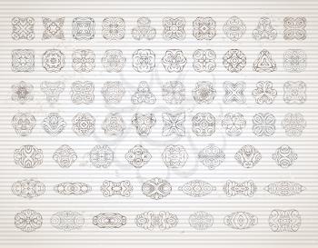 Hand-drawn geometric ornaments and symbols on old striped paper background. 