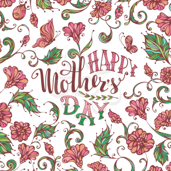 Hand-drawn floral greeting card. Vector typographical background with spring flowers and butterflies. Pastel pink and green background. 