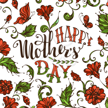 Vector typographical background with spring flowers and butterflies. Bright square background. 