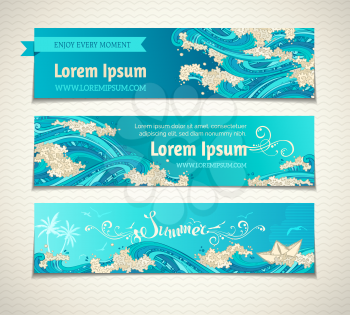 Vector bright decorative illustration. Hand-writen lettering. There is place for text on blue background. 