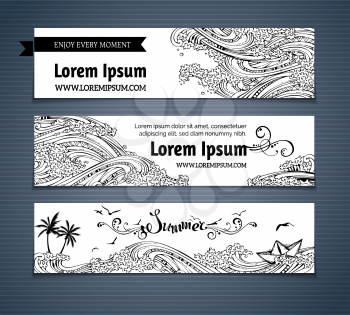 Black and white hand-drawn linear illustration. There is place for text on white background. Seagulls, palms, paper ship and waves.