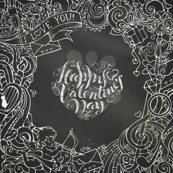 Hand-drawn chalk cupid, gift, ring, gold key, swirls and ribbons, music notes and others symbols on blackboard background. 