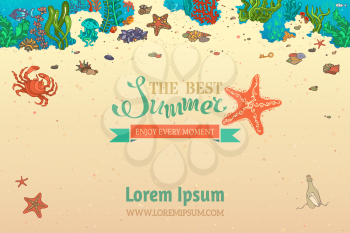 The best summer template. Fish, starfish, crab, shell, jellyfish, seaweed, bottle with a letter and key on the bottom. There is place for your text.
