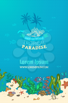 Tropical paradise. Various shell, algae, fish, starfish, bottle with a letter and key on the bottom. There is place for text on blue marine background.  