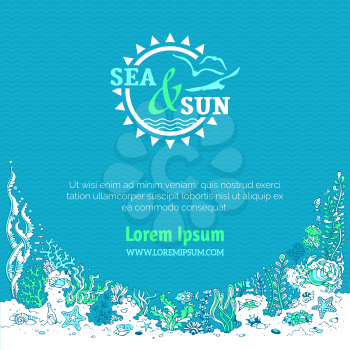 Sea and sun. Bright vector illustration. Shell, algae, fish, starfish, jellyfish, crab, bottle with a letter and key. There is place for text on blue ocean background. 