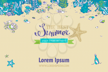 The best summer template. Fish, starfish, crab, shell, jellyfish, seaweed, bottle with a letter on the bottom. There is place for your text on sand background.