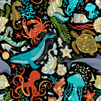 Colorful octopus, whale, dolphin, turtle, fish, starfish, crab, shell, jellyfish, seahorse, algae on black background. Underwater ocean animals and plants.