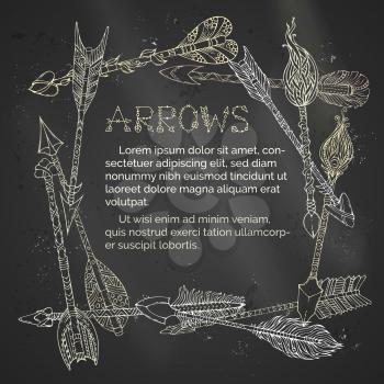 Doodles tribal arrows on chalkboard background. Boho and hippie hand-drawn style. There is place for your text in the center.
