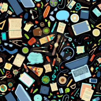 Hand-drawn gadgets and office supplies on black background. 70+ items. Top view. Work and education. Stationery, food and drinks, laptop, mobile, pizza.