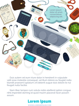Hand-drawn gadgets and office stationery on white background. Computer, documents, clock. Top view. Doodles design elements for work and education. Copyspace for your text.
