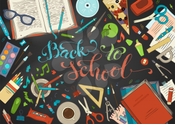 Hand-drawn gadgets and stationery on blackboard background. Hand-lettering, book, scissors, pen and pencil, brush and paint, compass and ruler. Vector illustration.