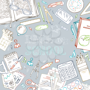 Doodle education supplies and basic accessories. There is copyspace for your text in the center. Hand-lettering, book, scissors, pen and pencil.