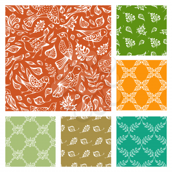 Hand-drawn birds and leaves on colourful backgrounds. Duotone boundless backgrounds.