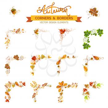 Vintage corners, page decorations and dividers. Swirls and flourishes. Isolated on white background. Oak, rowan, maple, chestnut, elm leaves and acorn.