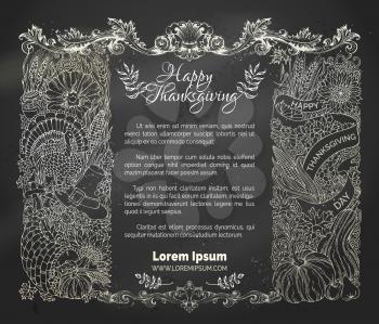 Vector traditional festive symbols and food. Turkey, cornucopia, pumpkin, corn, wheat, autumn leaves and others. Hand-drawn design elements on blackboard background.