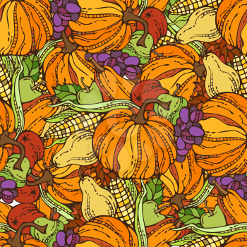 Corn, pumpkin, grape, autumn leaf, apple and pear. Boundless background for your design. Fall time. Thanksgiving day. Plenty of fruits and vegetables.
