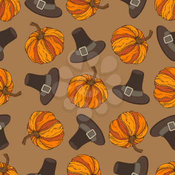 Pumpkin and pilgrim's hat. Boundless background for your festive design. Harvest time.