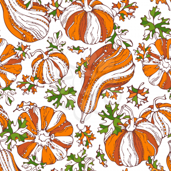 Set of various bright orange pumpkins and green leaves on white background. Thanksgiving day. Harvest time. Boundless background for your autumn design.