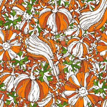 Set of various pumpkins and leaves. Thanksgiving day. Harvest time. Boundless background for your autumn design. Bright orange, green and white template.