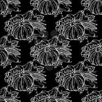 Plenty of fruits and vegetables on blackboard background. Corn, pumpkin, grape, autumn leaf, apple, pear. Thanksgiving day. Black and white boundless background.