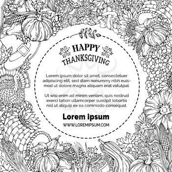 Turkey, cornucopia, pilgrim hat, pumpkin, corn, wheat, grape, sunflower autumn leaves and others Coloring book template Traditional harvest symbols
