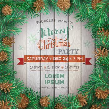Pine branches and cones. High detailed vector illustration. Merry Christmas Party template.