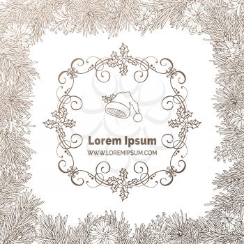 Pine branches and cones on white background. Vector illustration. Ornate frame of mistletoes and swirls. There is copy space for your text.