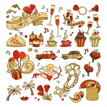 Hand-drawn red and gold love design elements isolated on white background.