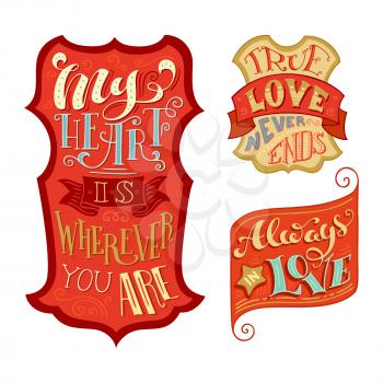 Vector set of love badges. Handwritten lettering in labels isolated on white background.