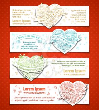 Valentine's day doodles doodles banners. Romantic music, weekend, menu, tours. There is place for your text on white background.