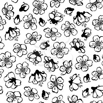 Black contours of flowers from fruit trees on white background. Black and white boundless background.
