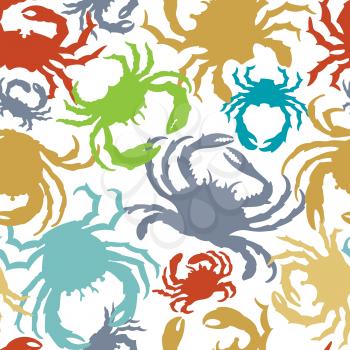Various colourful crab silhouettes on white background. Boundless background for your design.