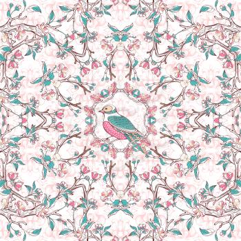 Vector ornament of spring blossoms and bird on tree branches. Seasonal card template. There is copyspace for your text in the center.