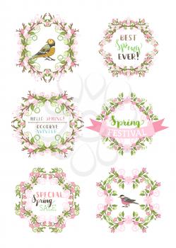 Hand-drawn ornaments and flourishes, cherry blossoms and leaves on branches. Seasonal card template. Hand-written lettering.